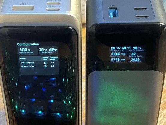 Two portable power banks with digital displays showing battery health and temperature information. The display on the (newer battery) left is almost twice the size of that on the right. In lieu of total power in/out, charge cycles and screen uses it shows a table listing iPhone15Pro and iPhone13Pro alongside the number of times they can be recharged (3.9 and 6.6 respectively).
