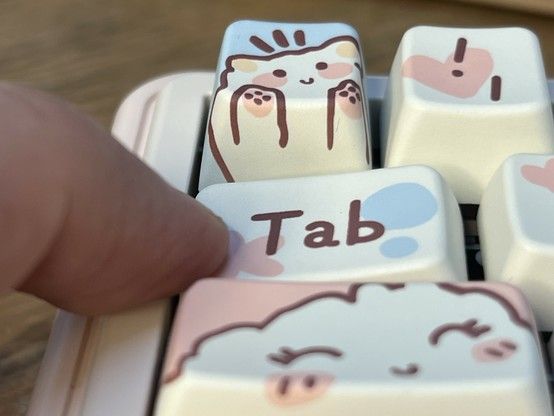 A close-up view of custom decorated keyboard keys with cute animal illustrations. A finger is pressing the 