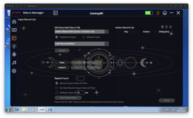 A screenshot of an virtualised Windows 7 OS running the Galaxy 80 software, with a confusion of cluttered menu options overlapping a busy background image.