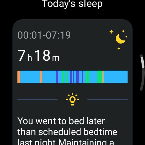 A smartwatch sleep summary showing a coloured bar depicting sleep phases from around midnight to 7:20 AM and a message saying 