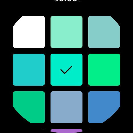 A grid of six blue-green colours with a cut off additional colour alluding to more choices.