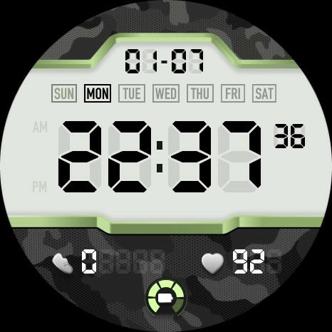 A screenshot of a digital watch face in a seven segment style, it has faux unlit digits and weekday icons. It's surrounded by an awful semi 3D green outline and a gross urban camouflage pattern.