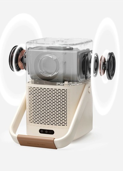 A transparent 3D render of a projector with visible internal components, large speakers and sound waves explode from both sides.