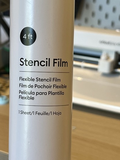 Close-up of a 4 ft roll of flexible stencil film packaging. Text on the packaging reads 