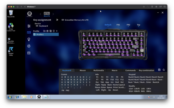 A screenshot of the GravaStar keyboard software running in a Windows 7 VM on macOS. The software is quite basic, and shows a picture of the keyboard with clickable keys but does not allude to what's bound to what key. Below this image are tabbed menus for Keyboard, Mouse, Multimedia and more with small, clickable labels for keys.