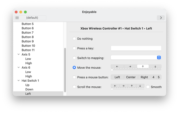 A screenshot of the Enjoyable app interface on macOS. It displays a list of controller inputs down the left, with the various functions each button or axes can perform selectable on the right. The current screen shows the D-Pad Left being bound to move the moue up.