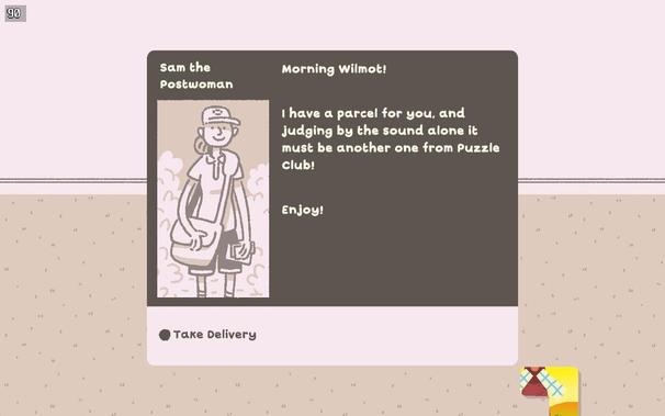 An in-game message from Sam the Postwoman, informing Wilmot of a parcel delivery, likely from the Puzzle Club. The message features a friendly greeting and a playful tone. The background shows a simple room with a patterned floor.