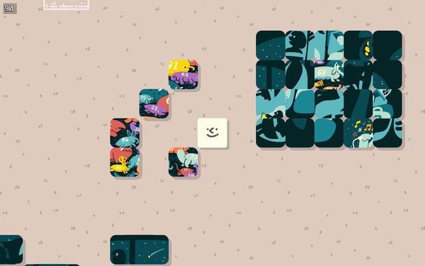 A colorful puzzle game layout features various intricately patterned tiles, some depicting cartoon-like creatures, others abstract shapes. A central white tile with a smiley face - Wilmot - is positioned among the tiles on a low detail carpet background.