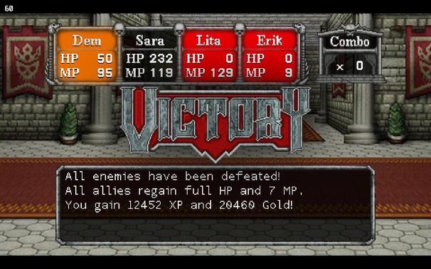 The battle victory screen showing two downed party members and one with critically low health.