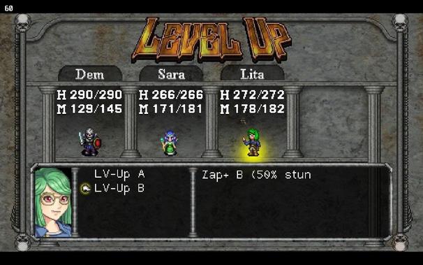 A level up screen showing a choice of two spell upgrades. I have picked Zap+ B for a 50% chance of stun… presumably anyway since the text is cu