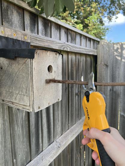 Electric pruning shears posed around a long stick jutting out of a handmade wooden birdhouse.