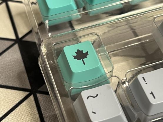 A vibrant teal Esc key cap with a dark grey maple leaf design.