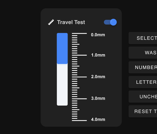 A Travel Test bargraph showing key travel in mm from 0 to 3.0+