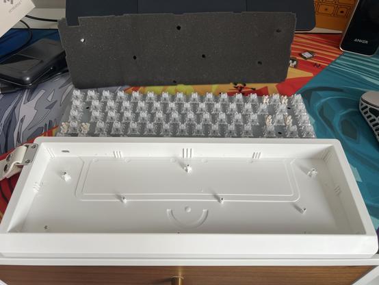 The plastic base of a mechanical keyboard with the PCB removed and set behind it.