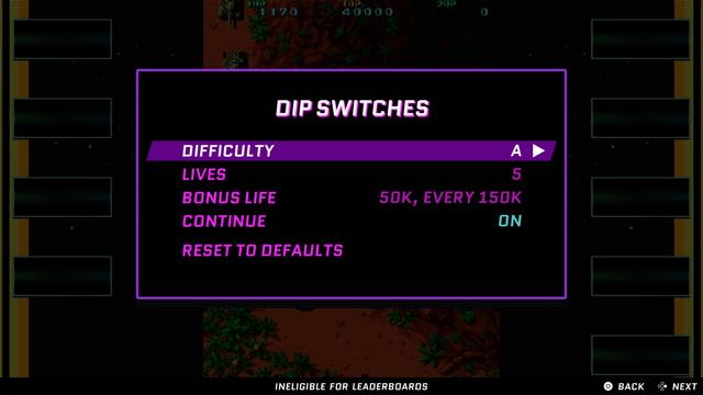 A menu screen of DIP switch settings including difficulty, lives, bonus life frequency and continue on/off.