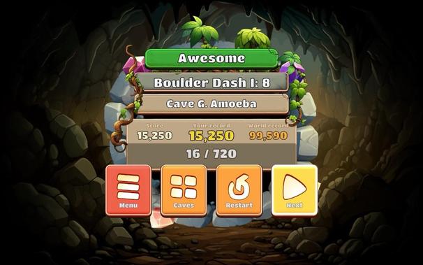 A screenshot from Boulder Dash 40Th Anniversary showing the level complete screen and a very low score (15k) versus the world record (99k)