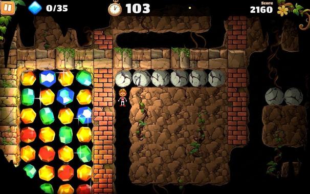 A 3D rendered but 2D view showing the game protagonist carving tunnels through dirt to avoid rocks and reach diamonds. There’s realtime illumination with the glowing diamonds making the area around them distinctly - but unrealistically - lighter.