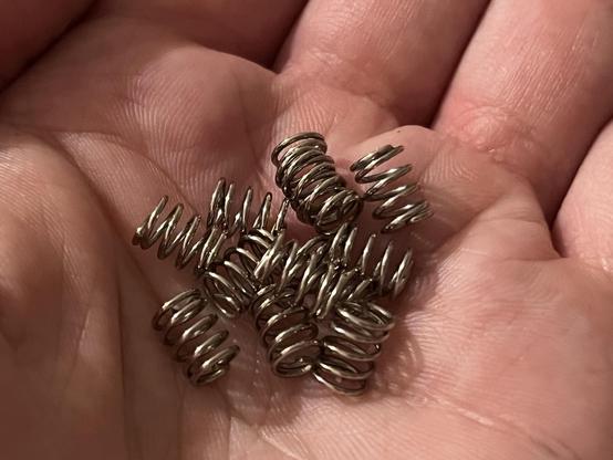 A hand holding twelve small metal springs.