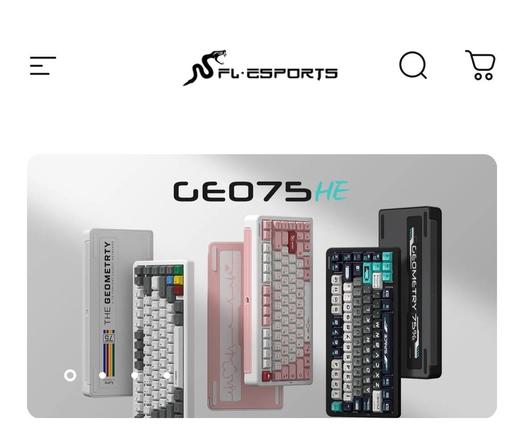 A screenshot of FL Esports website showing a carousel shot with three colour ways of their “GEO75” magnetic keyboard. (Sparklink based maybe)