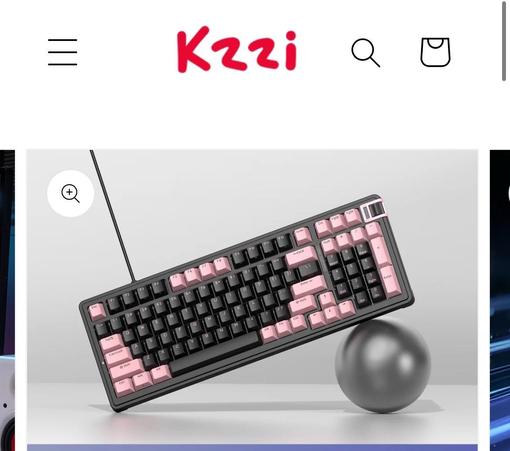 A screenshot of the Kzzi website showing a black, 98% HE board with black and muted pink keycaps.