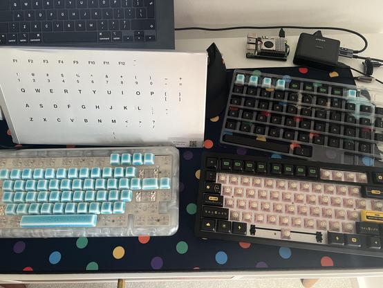 Another box back showing the locations of keycaps in their tray. The tray has mostly been emptied of its keycaps but in their place lie another set, which came off a previous board they were tried on.