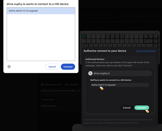 A screenshot of the NuPhy IO V2 web software showing part of a step-by-step firmware update guide prompting me to authorise access to the keyboard.