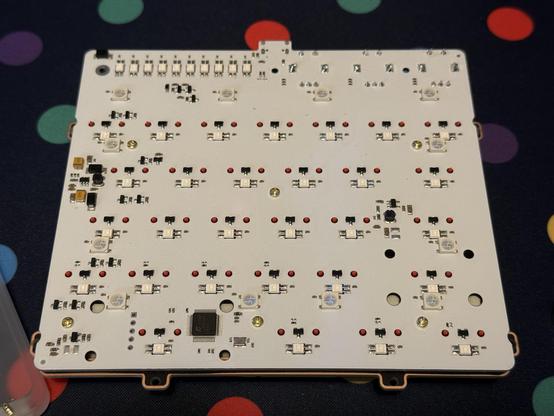 Shot of the reverse of the PCB showing the reverse mount LEDs for the decorative light, more for the switches and down-facing LEDs (normal mount) for the under-lighting.