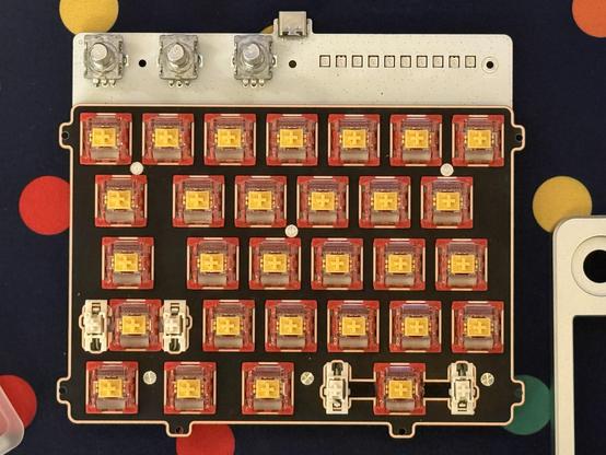 Top-down of the Cybrix29 PCB/plate assembly, removed from the enclosure and with the keycaps removed. A full complement of 29 red and orange switches pepper the front.
