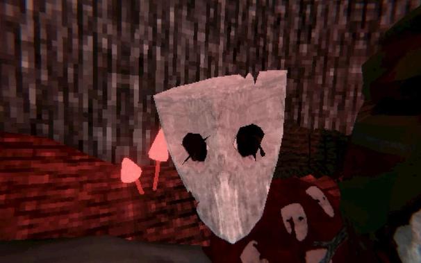 A creepy low poly mask face with black eyes looking toward the camera
