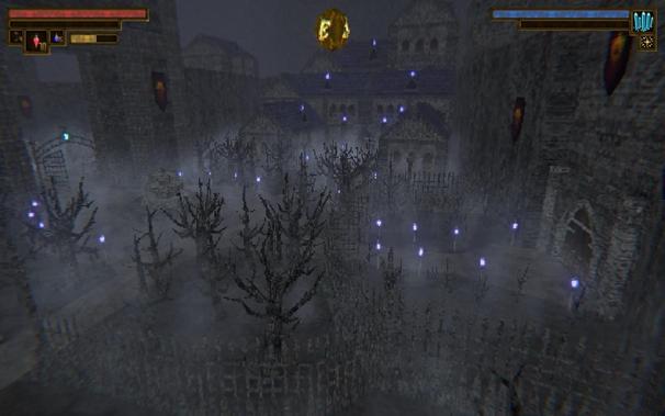 A misty castle courtyard scene peppered with small purple lanterns. Bare scraggly trees old up through the mist.