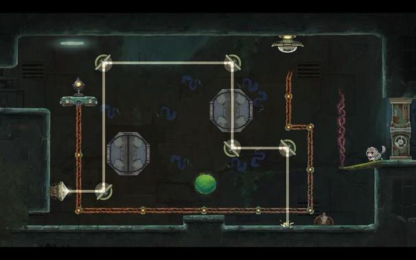 A puzzle platform game where a light beam is reflecting off multiple mirrors at 90 degree angles attempting to cross over and hit a target.