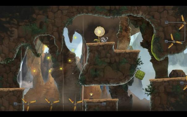 A small cat stands next to a dandelion in a 2D platformer game. Nearby, air is rushing up, driven by little windmills.