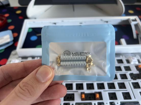 A hand holding a small blue windowed plastic bag full of tiny rung magnets and screws.