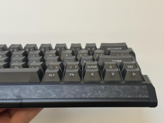 A front-on view of the EV63 HE showing the front-printed legends on the keycaps.